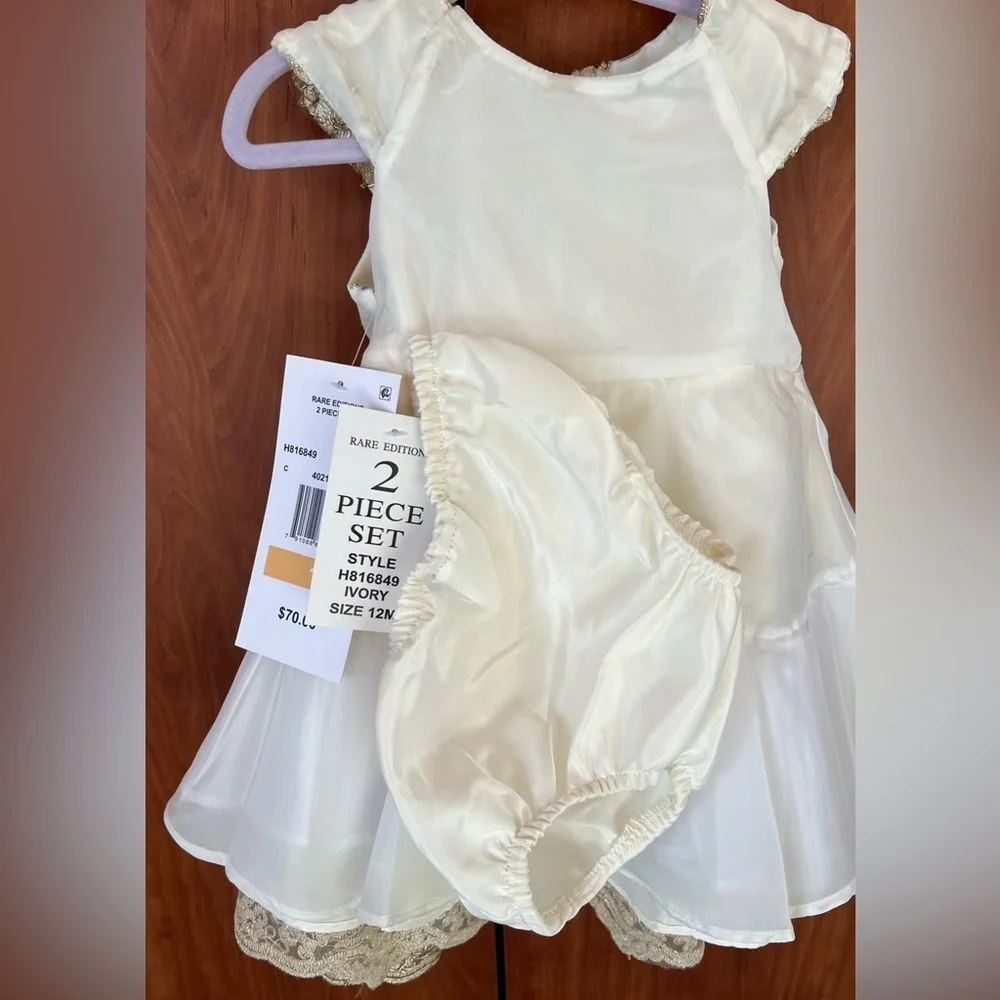Rare Editions - Gold flower embroidery mesh Ivory baby 2pc dress (Size 12m) NWT